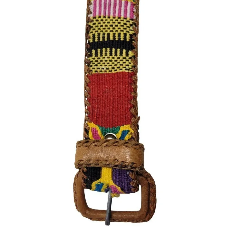 Vintage Handwoven Leather Patchwork Textile Belt M Southwestern‎ Colorful